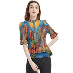 City New York Nyc Skyscraper Skyline Downtown Night Business Urban Travel Landmark Building Architec Frill Neck Blouse