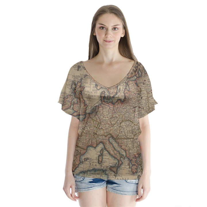 Old Vintage Classic Map Of Europe V-Neck Flutter Sleeve Top