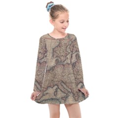 Old Vintage Classic Map Of Europe Kids  Long Sleeve Dress by Paksenen