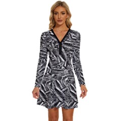 Monochrome Mirage Long Sleeve Deep V Mini Dress 