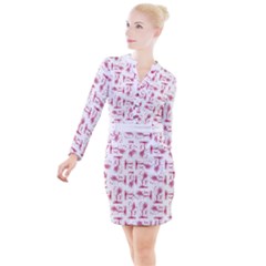 Fantasy Landscape Scene Sketchy Illustration Motif Pattern Wb Button Long Sleeve Dress