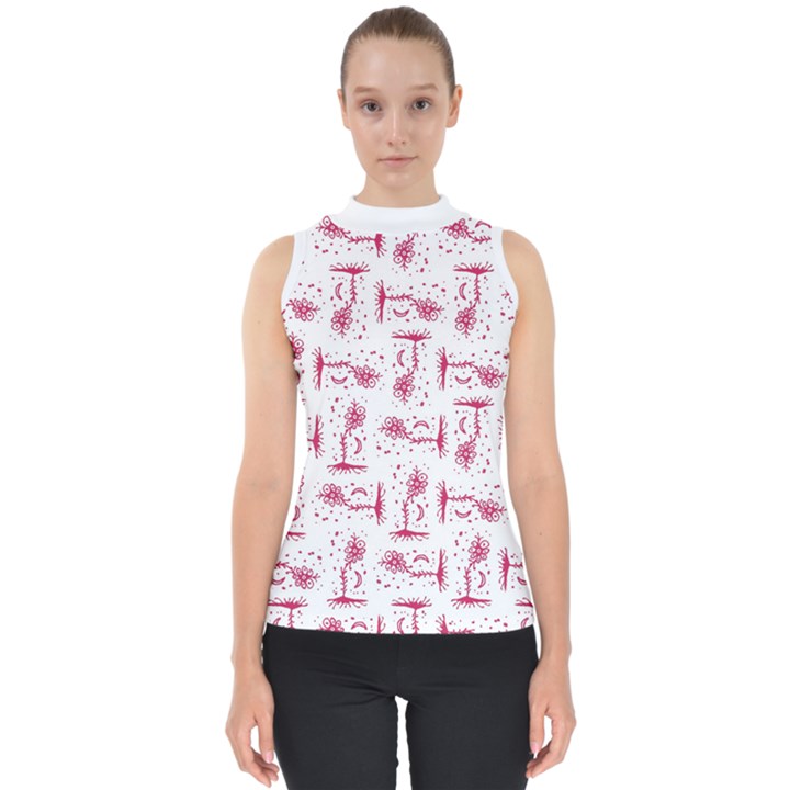 Fantasy Landscape Scene Sketchy Illustration Motif Pattern Wb Mock Neck Shell Top