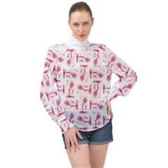 Fantasy Landscape Scene Sketchy Illustration Motif Pattern Wb High Neck Long Sleeve Chiffon Top