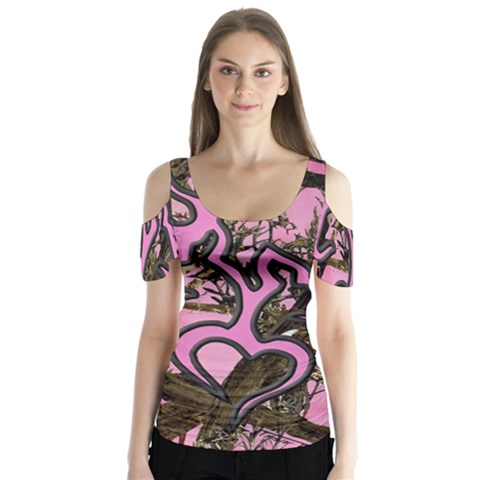 Pink Browning Deer Glitter Camo Butterfly Sleeve Cutout T-shirt  by Maspions