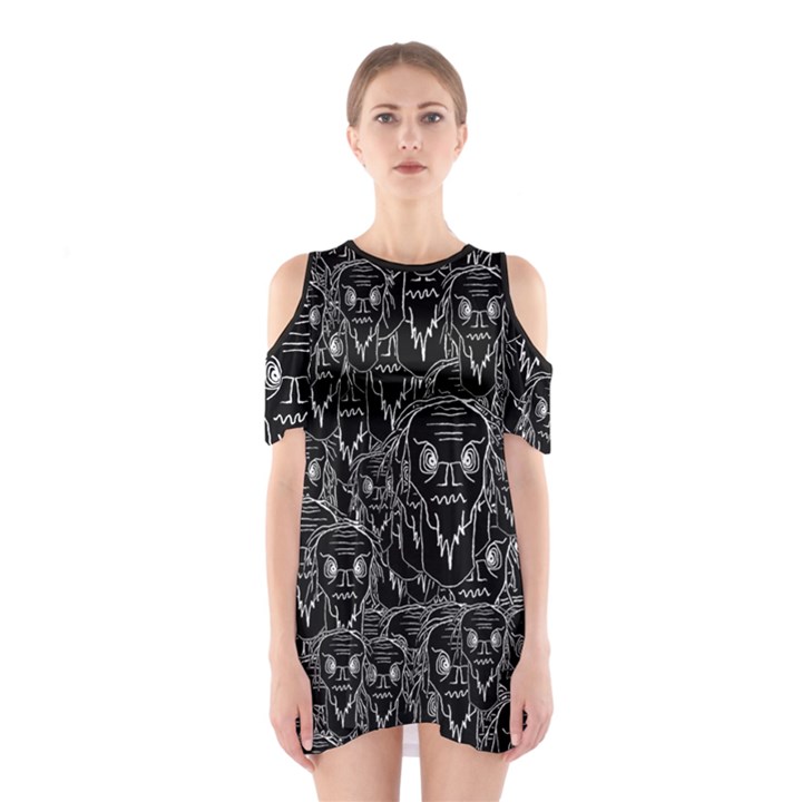 Old man monster motif black and white creepy pattern Shoulder Cutout One Piece Dress