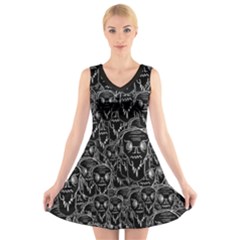 Old Man Monster Motif Black And White Creepy Pattern V-neck Sleeveless Dress