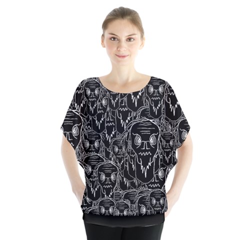 Old Man Monster Motif Black And White Creepy Pattern Batwing Chiffon Blouse by dflcprintsclothing