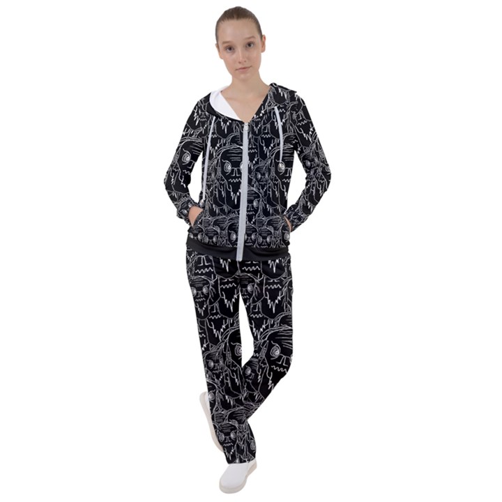 Old man monster motif black and white creepy pattern Women s Tracksuit