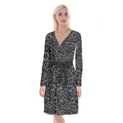 Old Man Monster Motif Black And White Creepy Pattern Long Sleeve Velvet Front Wrap Dress