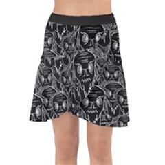 Old Man Monster Motif Black And White Creepy Pattern Wrap Front Skirt