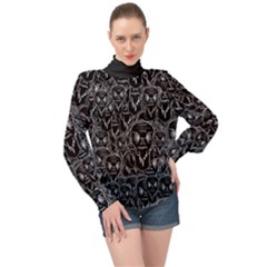 Old Man Monster Motif Black And White Creepy Pattern High Neck Long Sleeve Chiffon Top