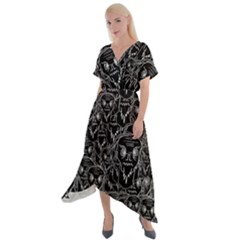 Old Man Monster Motif Black And White Creepy Pattern Cross Front Sharkbite Hem Maxi Dress