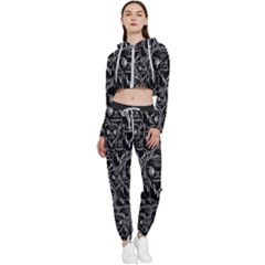 Old Man Monster Motif Black And White Creepy Pattern Cropped Zip Up Lounge Set