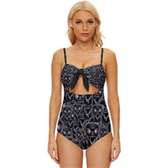 Old Man Monster Motif Black And White Creepy Pattern Knot Front One-piece Swimsuit
