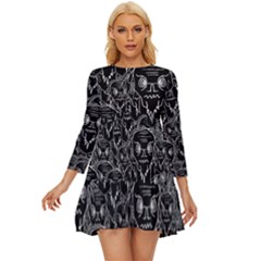 Old Man Monster Motif Black And White Creepy Pattern Long Sleeve Babydoll Dress