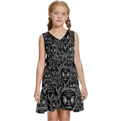 Old Man Monster Motif Black And White Creepy Pattern Kids  Sleeveless Tiered Mini Dress by dflcprintsclothing