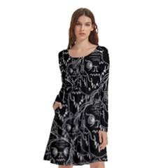 Old Man Monster Motif Black And White Creepy Pattern Long Sleeve Knee Length Skater Dress With Pockets