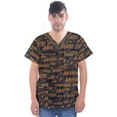 Abierto Neon Lettes Over Glass Motif Pattern Men s V-neck Scrub Top