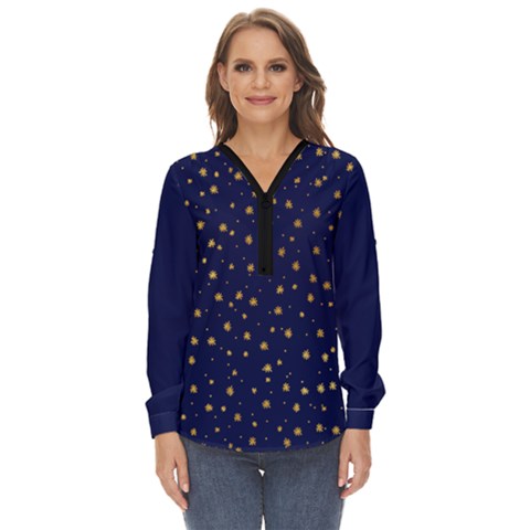 Pattern Seamless Gold Stars Zip Up Long Sleeve Blouse by flowerland