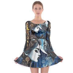 Steampunk Woman With Owl 2 Steampunk Woman With Owl Woman With Owl Strap Long Sleeve Skater Dress