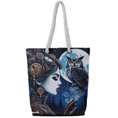 Steampunk Woman With Owl 2 Steampunk Woman With Owl Woman With Owl Strap Full Print Rope Handle Tote (small)