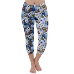 Blue Flowers Dark Blue Flowers Capri Winter Leggings 