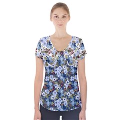 Blue Flowers Dark Blue Flowers Short Sleeve Front Detail Top