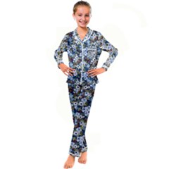 Blue Flowers Dark Blue Flowers Kids  Satin Long Sleeve Pajamas Set by DinkovaArt