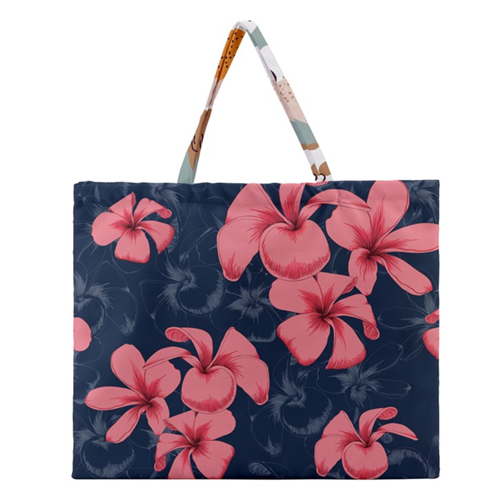 5902244 Pink Blue Illustrated Pattern Flowers Square Pillow Zipper Large Tote Bag