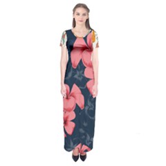 5902244 Pink Blue Illustrated Pattern Flowers Square Pillow Short Sleeve Maxi Dress