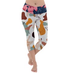 5902244 Pink Blue Illustrated Pattern Flowers Square Pillow Lightweight Velour Capri Yoga Leggings