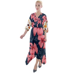 5902244 Pink Blue Illustrated Pattern Flowers Square Pillow Quarter Sleeve Wrap Front Maxi Dress