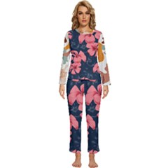 5902244 Pink Blue Illustrated Pattern Flowers Square Pillow Womens  Long Sleeve Lightweight Pajamas Set