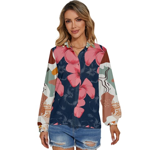5902244 Pink Blue Illustrated Pattern Flowers Square Pillow Women s Long Sleeve Button Up Shirt by BlackRoseStore
