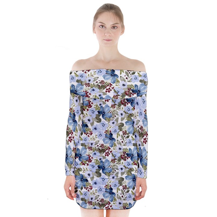 Blue Flowers Long Sleeve Off Shoulder Dress