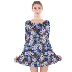 Blue Flowers 2 Long Sleeve Velvet Skater Dress by DinkovaArt