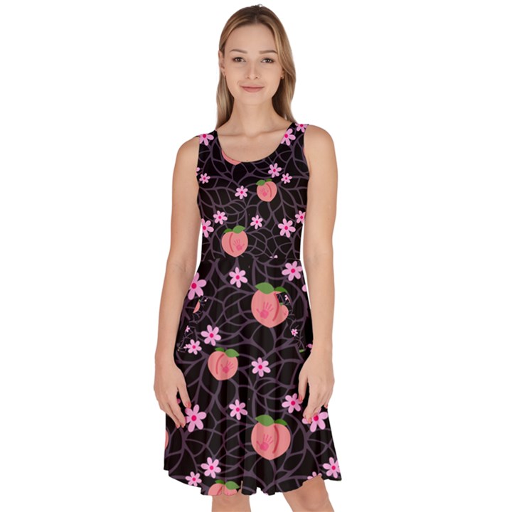 Dark Blossom Peaches Knee Length Skater Dress With Pockets