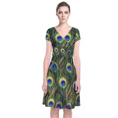 Peacock Pattern Short Sleeve Front Wrap Dress