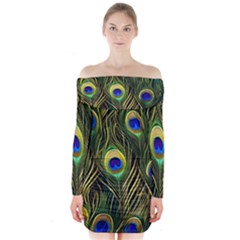 Peacock Pattern Long Sleeve Off Shoulder Dress