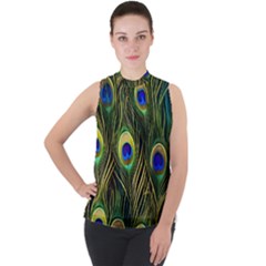 Peacock Pattern Mock Neck Chiffon Sleeveless Top