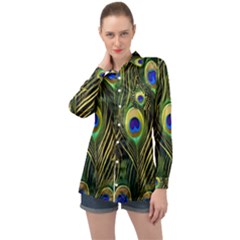 Peacock Pattern Long Sleeve Satin Shirt