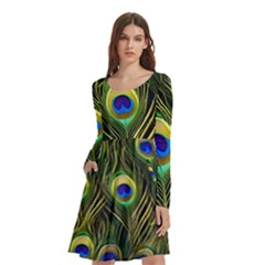 Peacock Pattern Long Sleeve Knee Length Skater Dress With Pockets