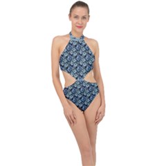 Blue Roses 1 Blue Roses 2 Halter Side Cut Swimsuit