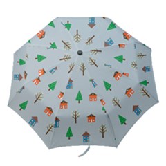 House Trees Pattern Background Folding Umbrellas