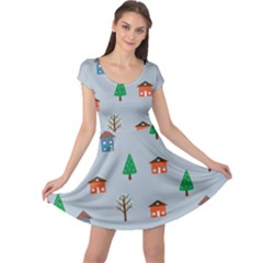 House Trees Pattern Background Cap Sleeve Dress