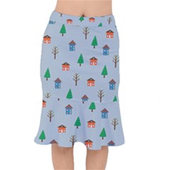 House Trees Pattern Background Short Mermaid Skirt