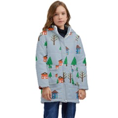 House Trees Pattern Background Kids  Hooded Longline Puffer Jacket