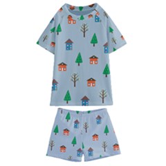 House Trees Pattern Background Kids  Swim T-shirt And Shorts Set