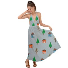 House Trees Pattern Background Backless Maxi Beach Dress