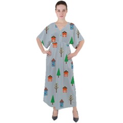 House Trees Pattern Background V-neck Boho Style Maxi Dress